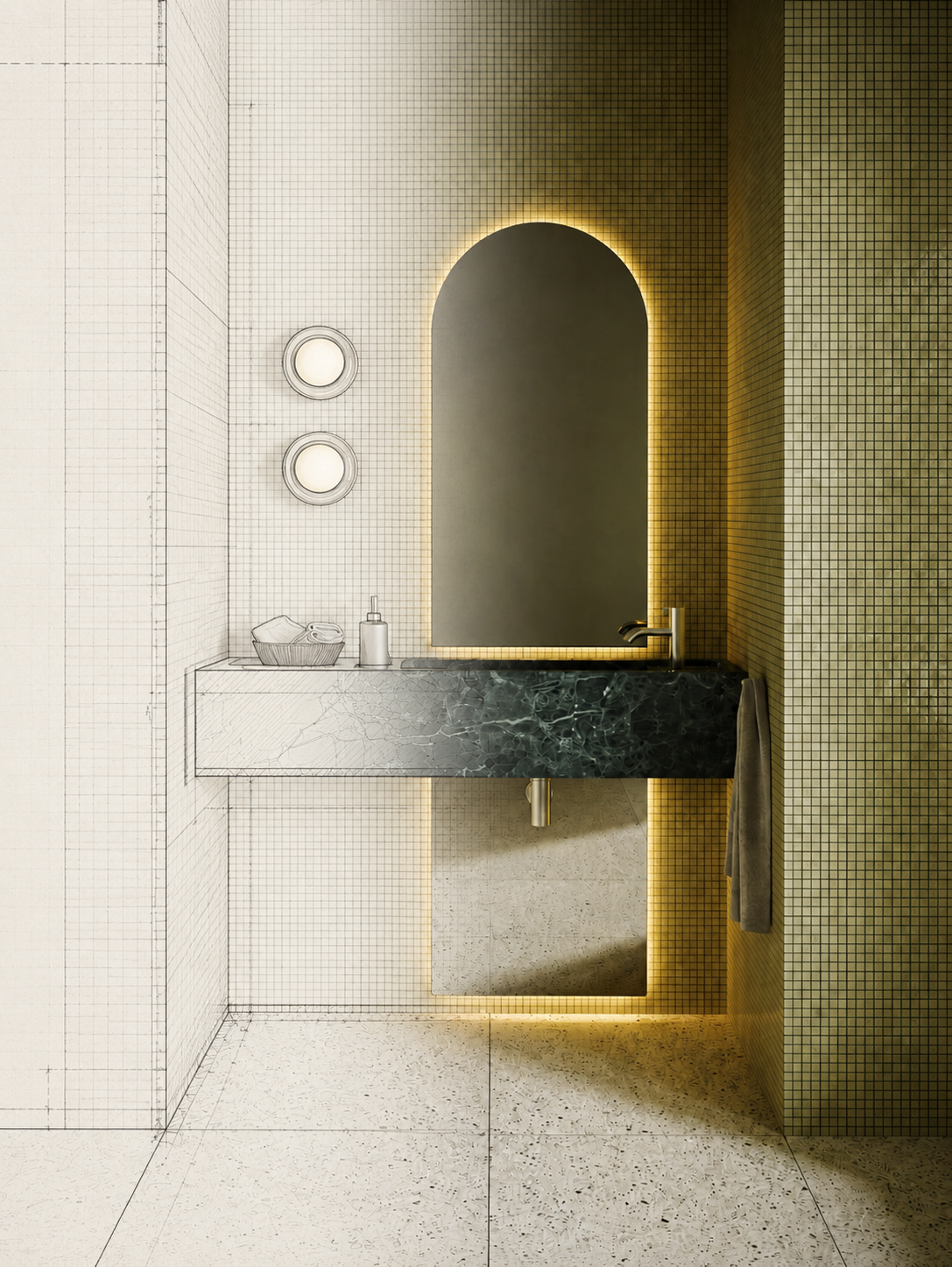 Progetto bagno che passa dal disegno tecnico alla resa realistica