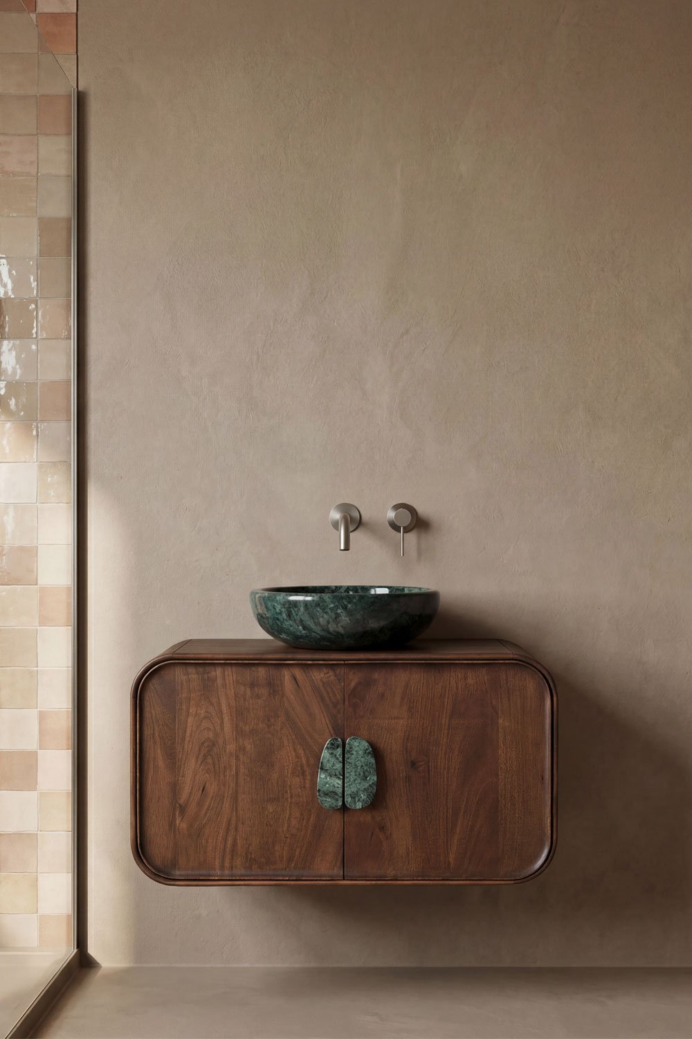Mobile bagno in legno con lavabo verde in pietra
